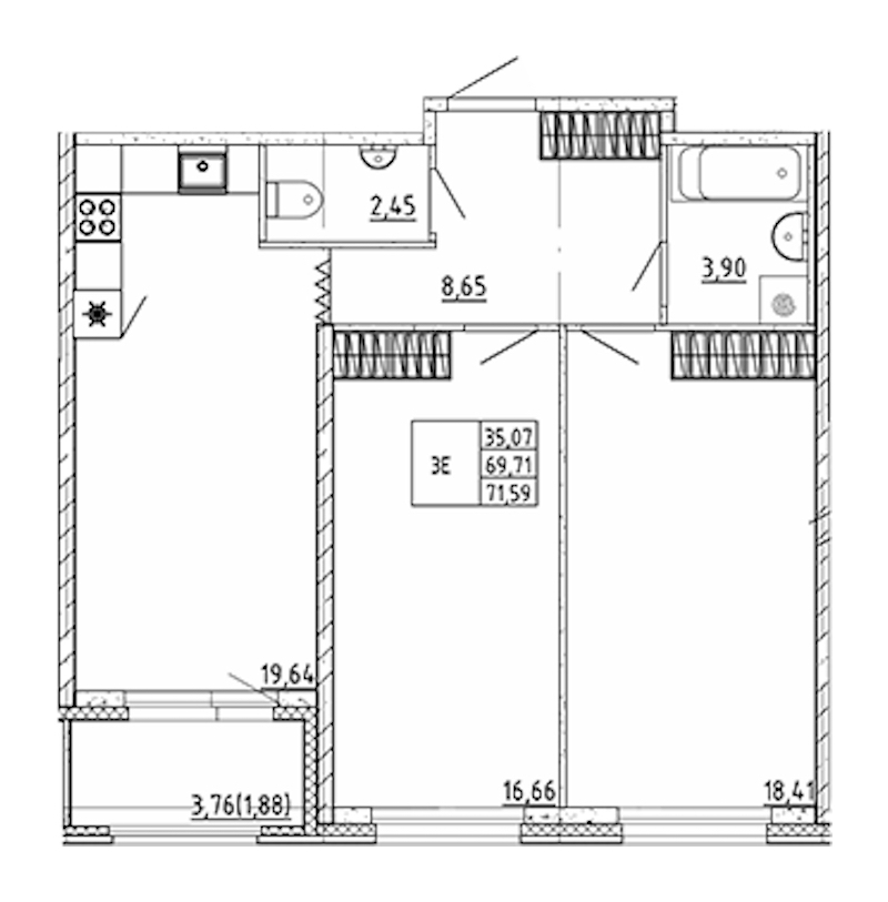 2-комнатная квартира 71.59 м², 2/12 эт., ЖК «UP! Квартал Воронцовский»